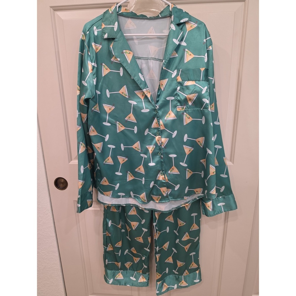Women's Martini Cocktail Short Sleeve Satin Pajama Set